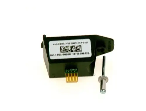 Modul von Bosch mit einem Anschlussstecker und einer Befestigungsschraube. Die Oberseite zeigt ein Etikett mit Modellnummer und QR-Code.